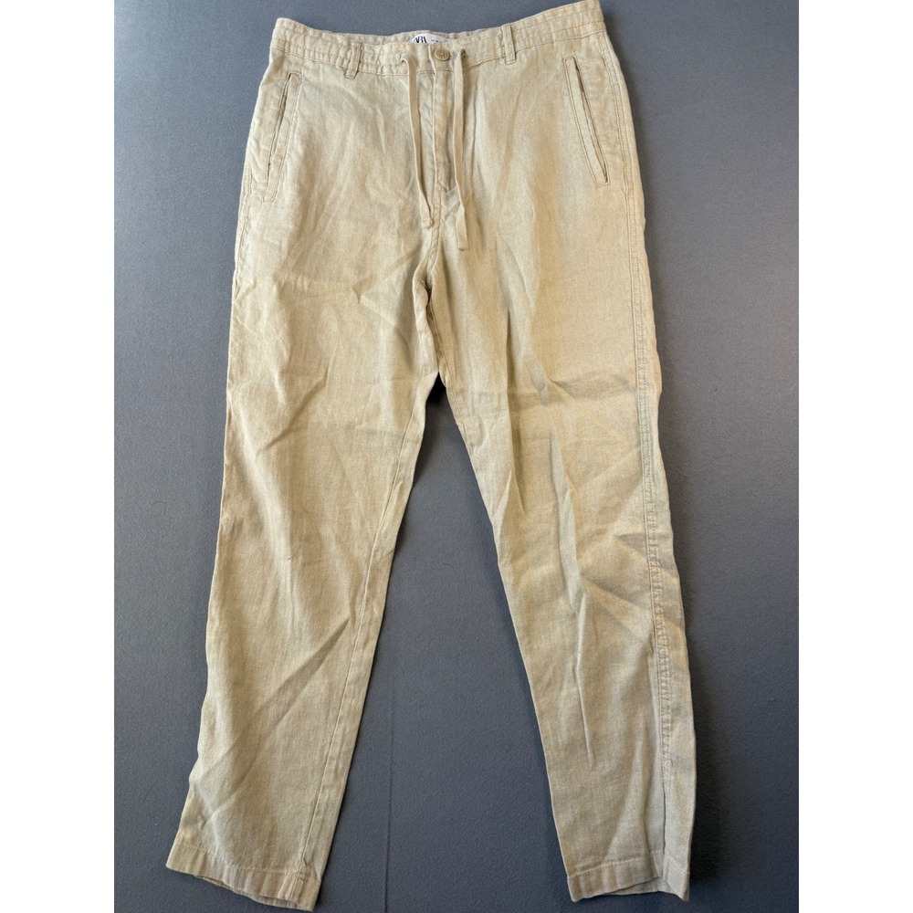 Zara Beige Linen Cotton Blend Drawstring Straight Leg Pants Size 31 Womens